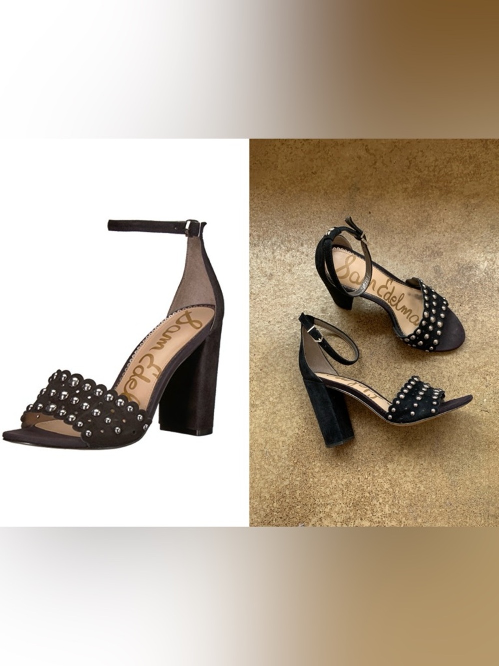 Sam Edelman Yaria Studded Block Heel Ankle Strap Suede Sandal Black